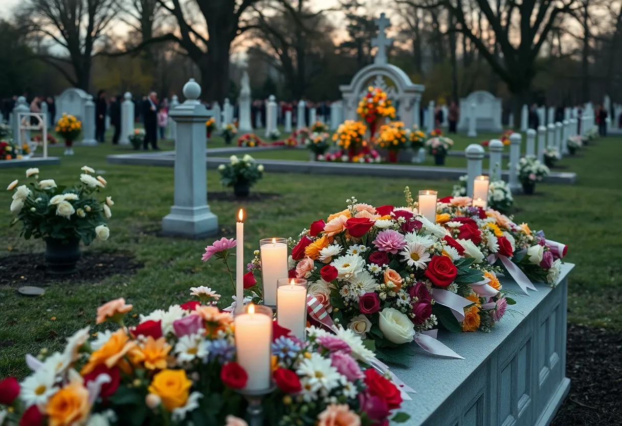 A community gathering at a memorial service in a cemetery.