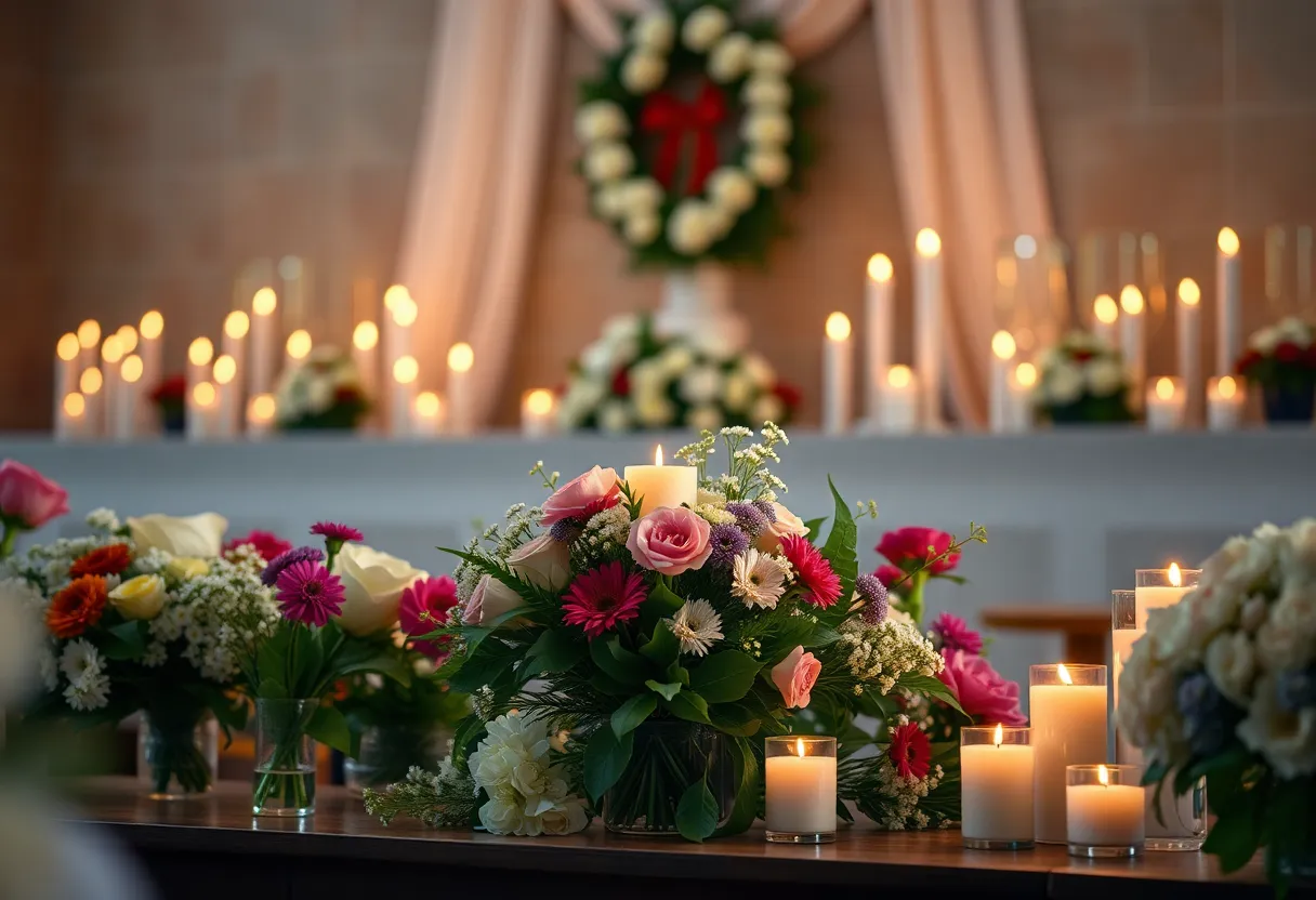 Memorial service setting with flowers and candles.