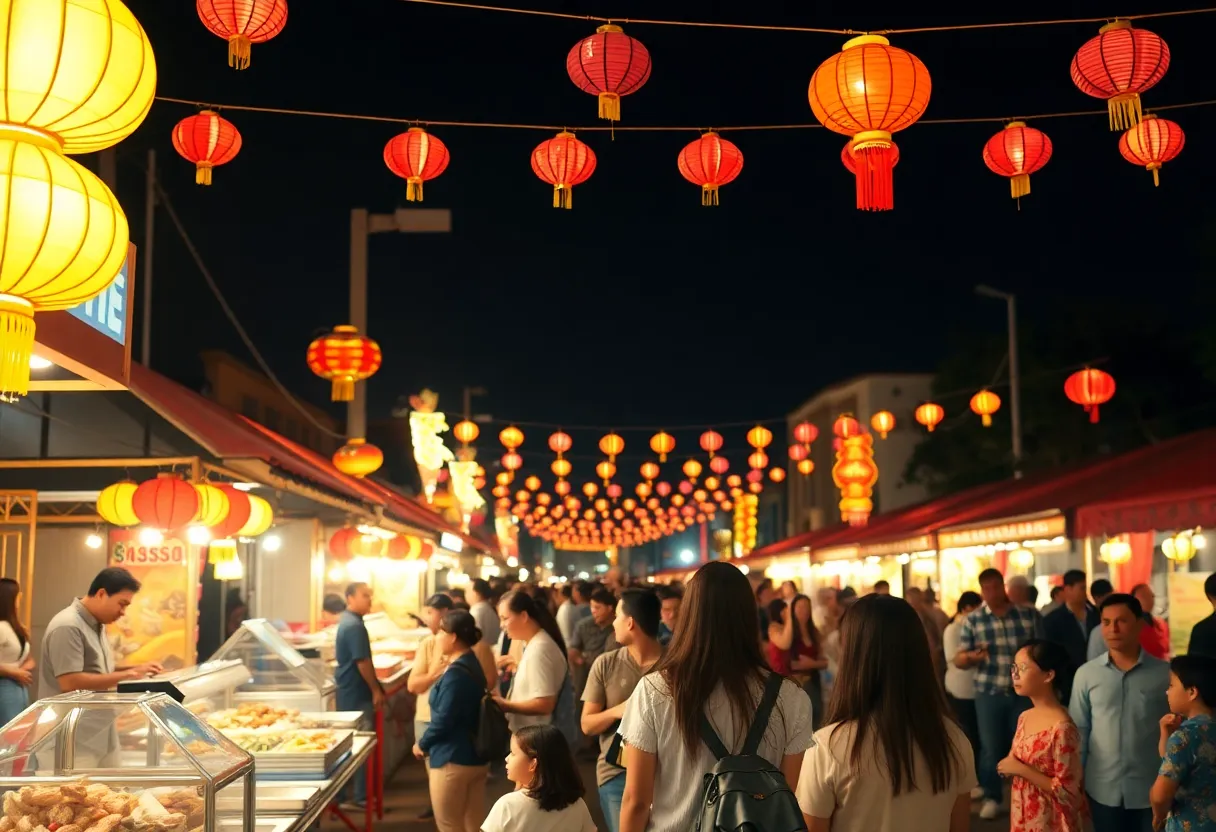 Families enjoying the Mid-Autumn Festival at Asia Times Square with lanterns and food stalls