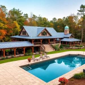 Exterior view of a Mount Vernon farmhouse suitable for holiday gatherings, surrounded by trees.