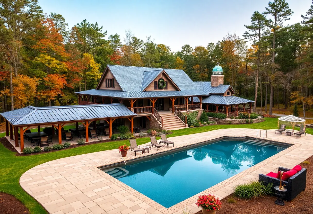 Exterior view of a Mount Vernon farmhouse suitable for holiday gatherings, surrounded by trees.