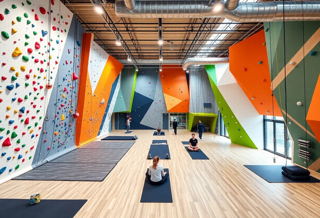 Interior view of the Movement Gym showing climbing walls and fitness areas.