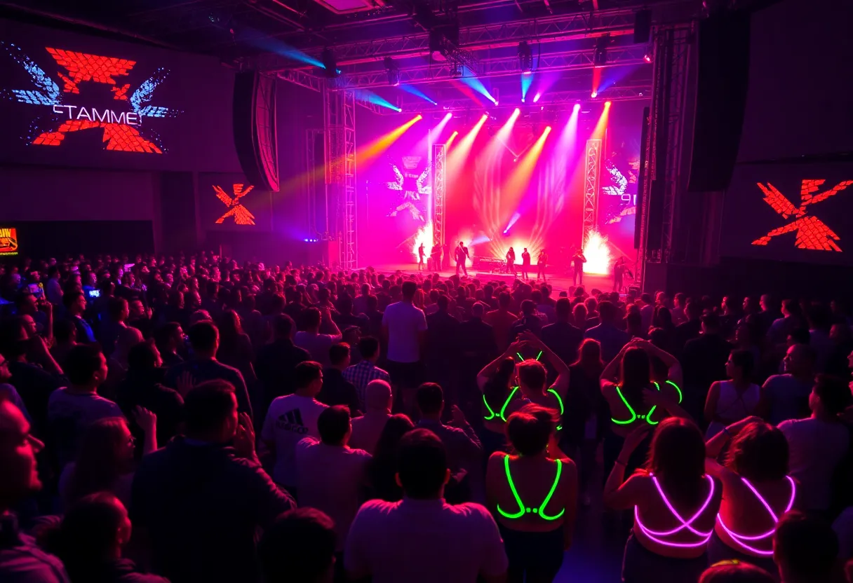 Crowd at NBA YoungBoy concert with colorful stage lights
