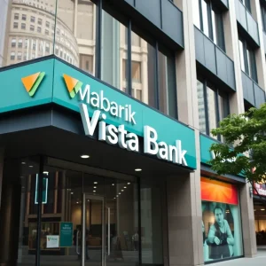 Modern bank building labeled Vista Bank in a lively urban area.