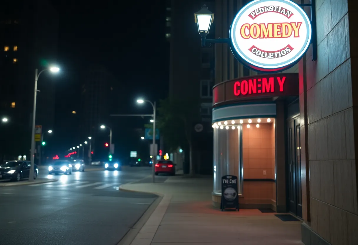 Empty street at night showing a comedy club