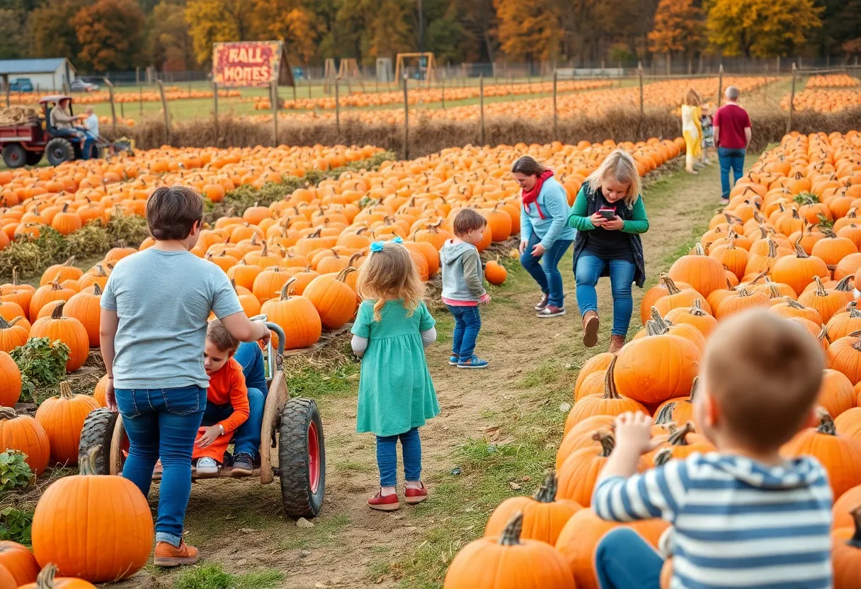 Families enjoying autumn activities in a North Texas pumpkin patch