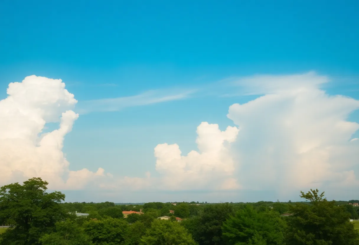 A warm summer day in North Texas, showcasing clear skies and hints of potential storms.