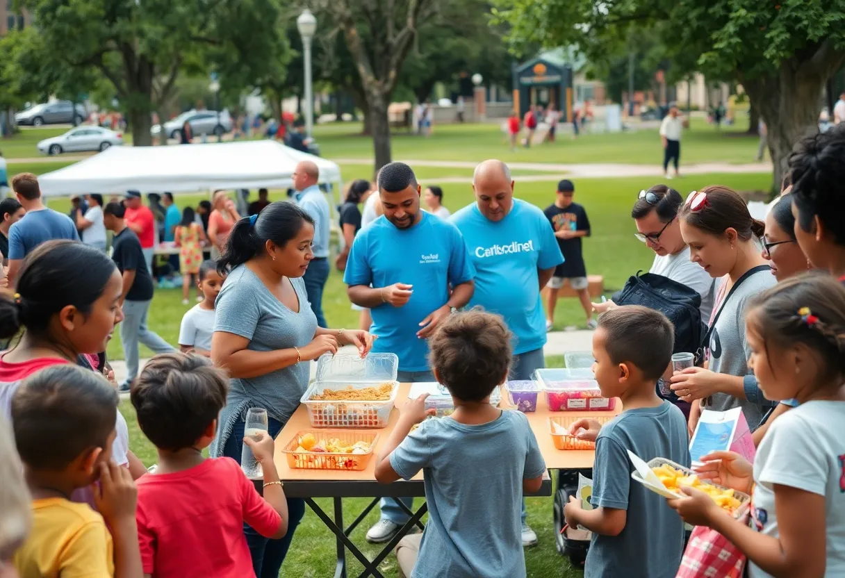 Families enjoying the Oak Cliff community event with food and activities.