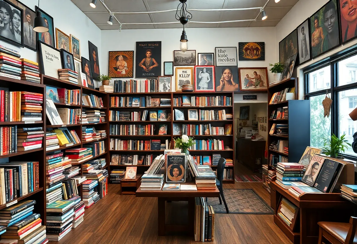 Interior view of Pan-African Connection Bookstore showcasing diverse literature and cultural items