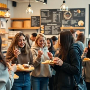 Crowd of customers enjoying pastries at Pan Pan Bakery in Arlington