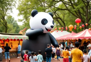 Festival-goers enjoying Panda Fest in Dallas with inflatable panda and food stalls.