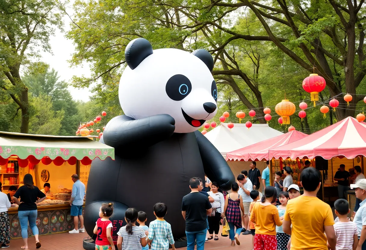 Festival-goers enjoying Panda Fest in Dallas with inflatable panda and food stalls.