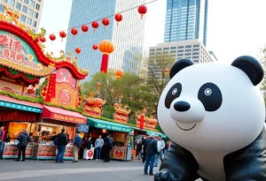 Panda Fest featuring a giant inflatable panda and food vendors