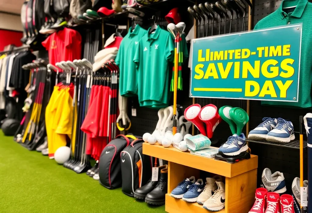 Display of golf gear and promotional signs for Savings Day at PGA Tour Superstore