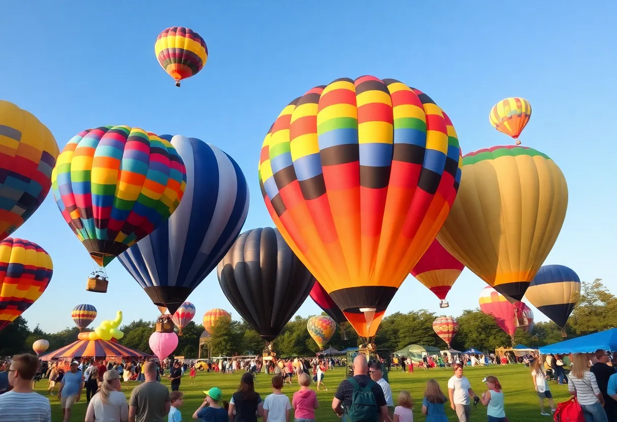 Hot air balloons at the Plano Balloon Festival in colorful designs