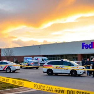 Police presence at a FedEx facility following a shooting