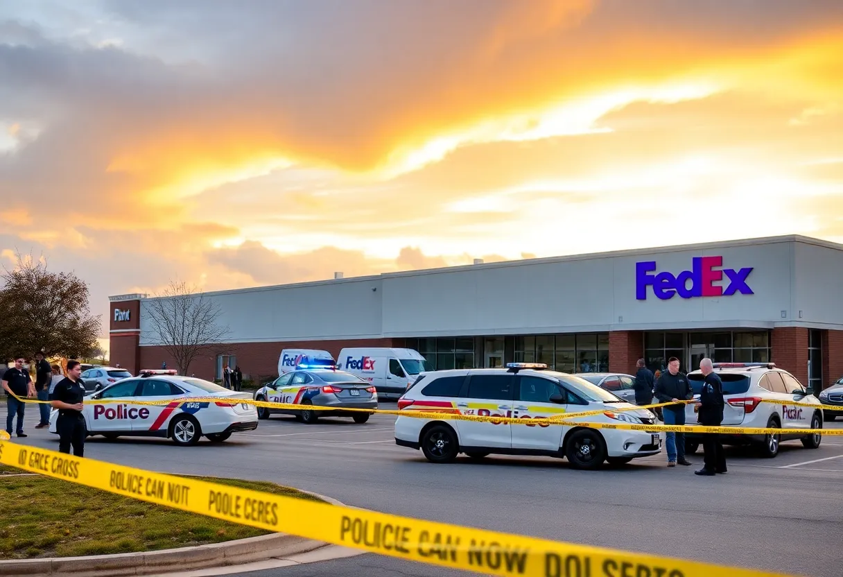 Police presence at a FedEx facility following a shooting
