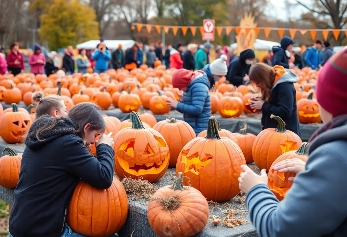 Participants carving pumpkins at Reliant's pumpkin carving contest for charity.