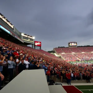 View of Robert W. Plaster Stadium filled with fans during a college football game