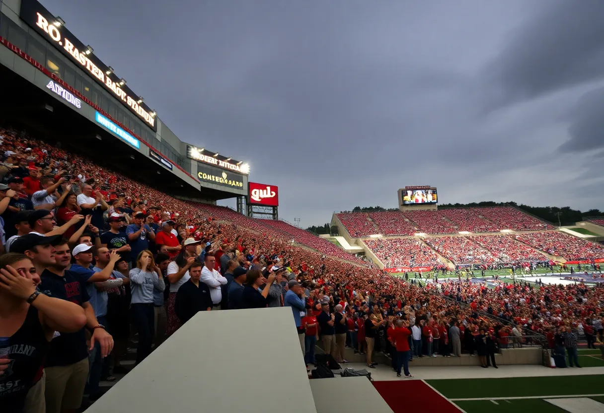 View of Robert W. Plaster Stadium filled with fans during a college football game