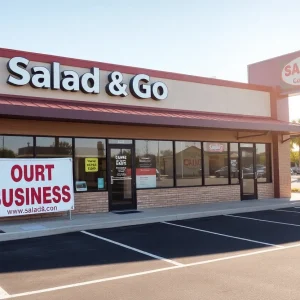 Closed Salad and Go restaurant with an 'Out of Business' sign.