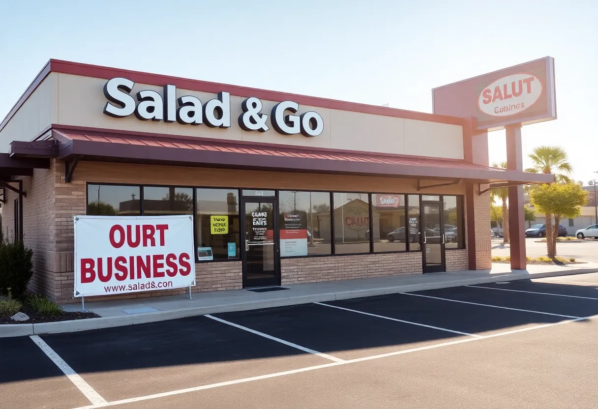 Closed Salad and Go restaurant with an 'Out of Business' sign.