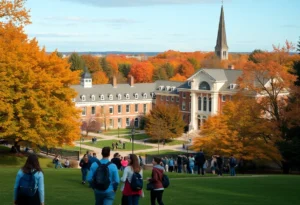 Scenic view of Southern Methodist University campus with students