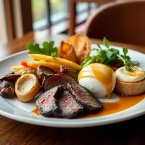 A plate of contemporary Southern dishes including game meat and dessert.