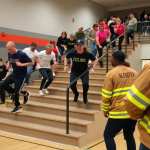 Participants climbing stairs at Crunch Fitness event in Odessa