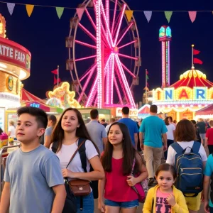 Families enjoying the State Fair with rides and food stands.