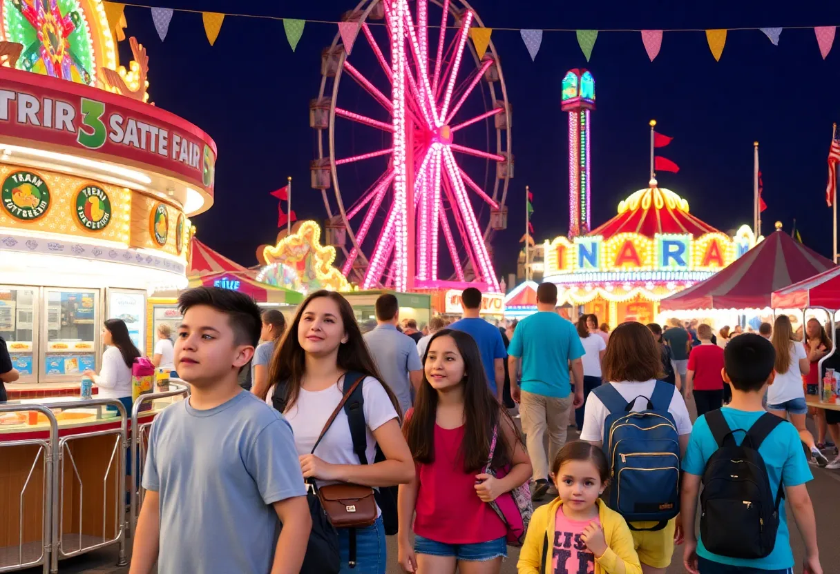 Families enjoying the State Fair with rides and food stands.