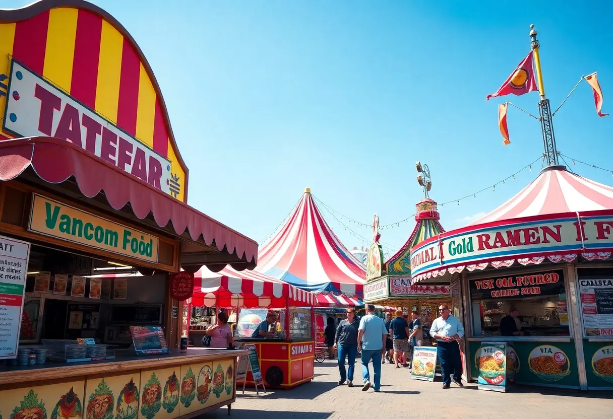 Variety of food stands at the State Fair of Texas, including vegan and fusion cuisine.