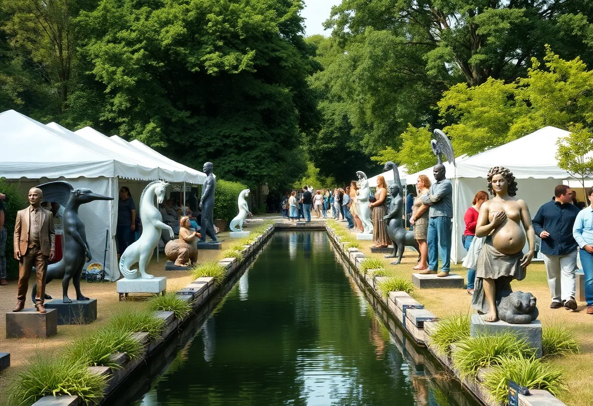 Art sculptures along the lagoon at the State Fair Sculpture Garden