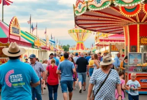 Visitors enjoying the State Fair of Texas with rides and food stalls.