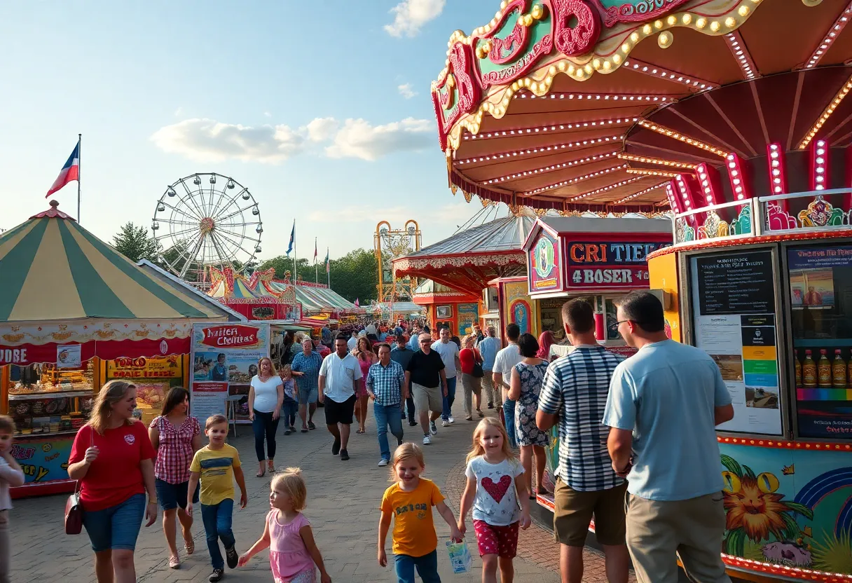 Crowd enjoying the State Fair of Texas with rides and food stalls