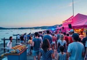 A vibrant festival scene showcasing music and food at Little Elm Beach.