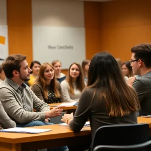 Students in a university classroom discussing gender identity topics