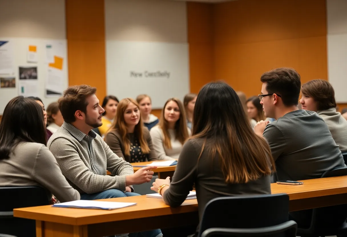 Students in a university classroom discussing gender identity topics