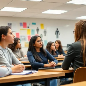 Diverse students in a university classroom discussing gender identity