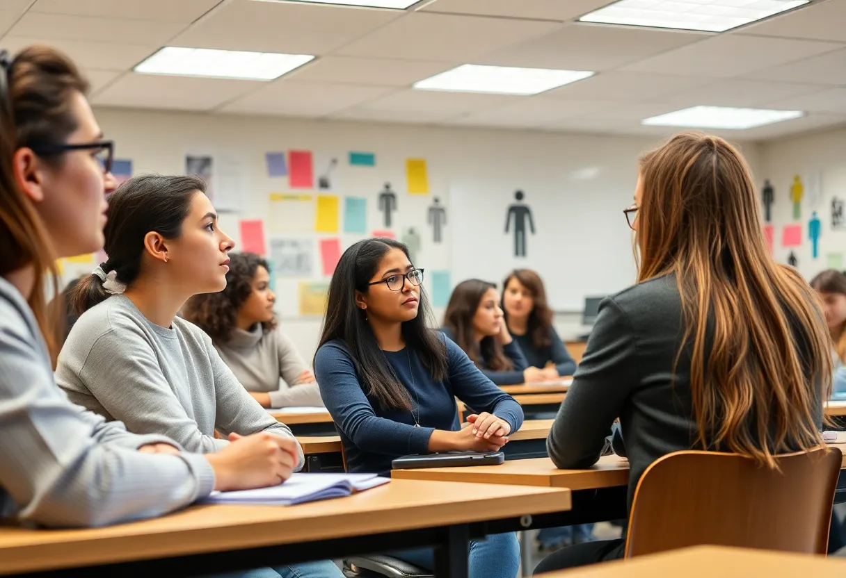 Diverse students in a university classroom discussing gender identity