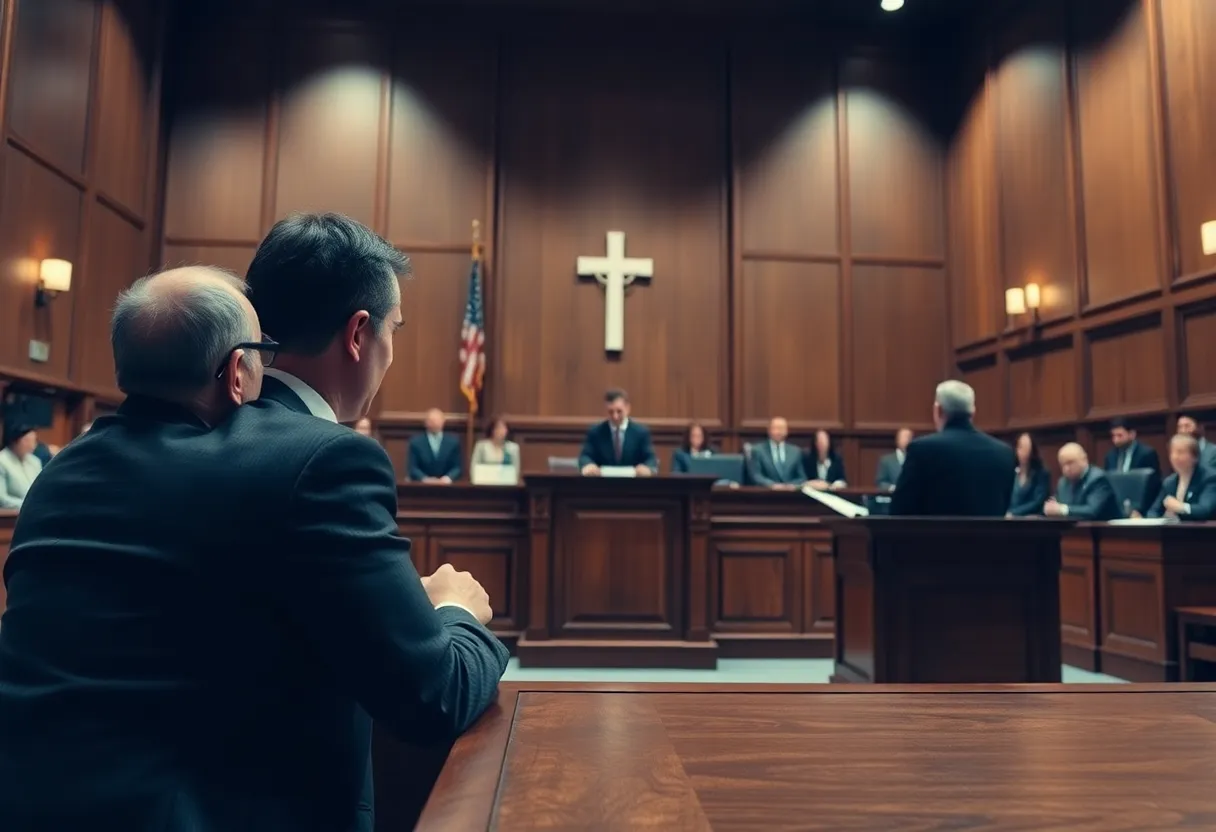 A symbolic representation of justice in a courtroom setting.