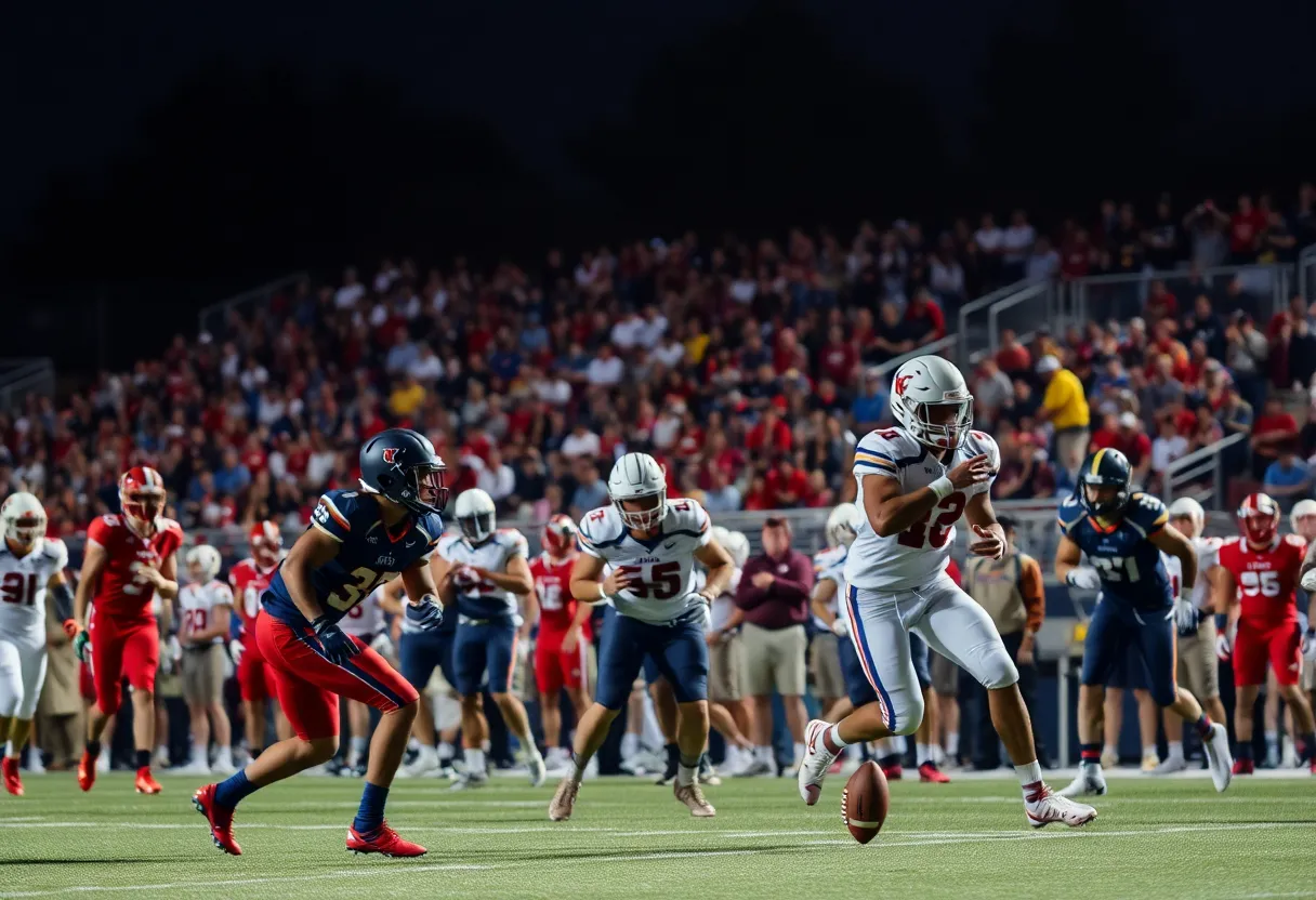 Players competing in a Texas high school football game.