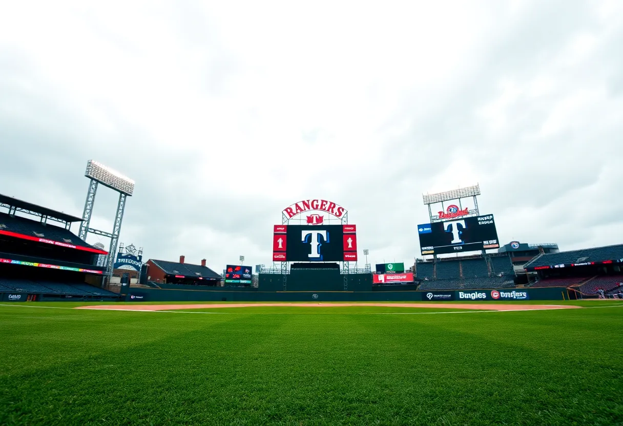 Texas Rangers logo on a baseball field with empty stands