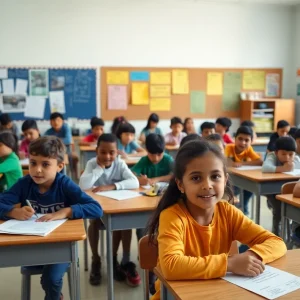 Classroom in Texas with students and educational materials reflecting financial challenges.
