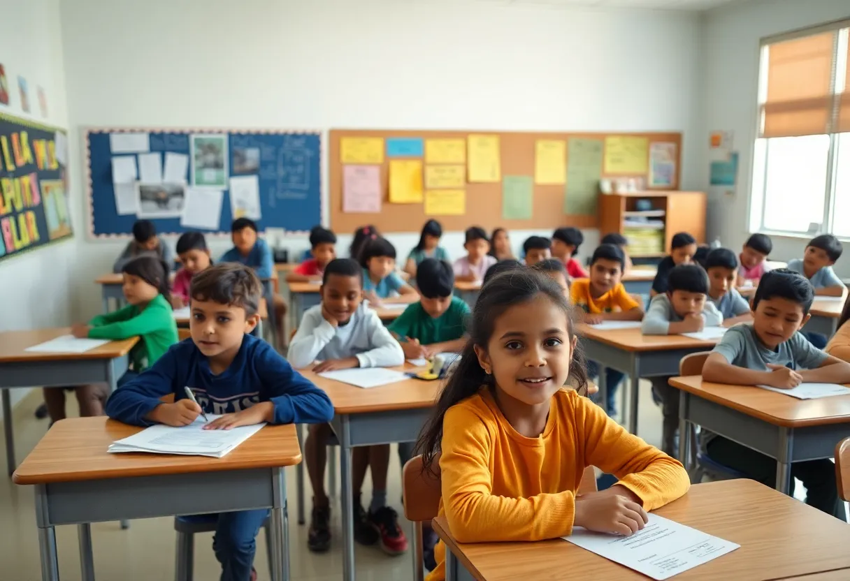 Classroom in Texas with students and educational materials reflecting financial challenges.