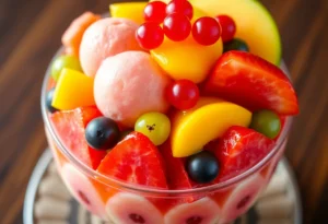 Colombian-inspired fruit dessert with mango sorbet and boba