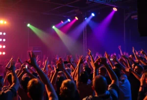 Energetic rock band performing live at a concert.