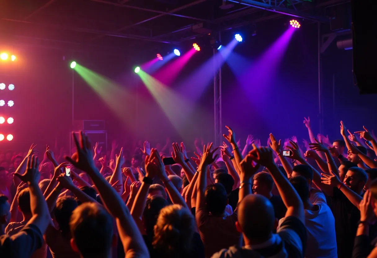 Energetic rock band performing live at a concert.