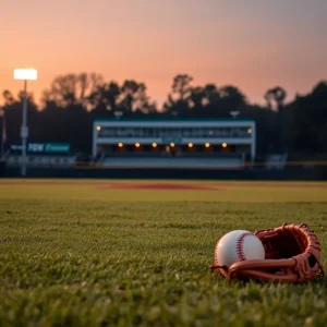 Baseball field at sunset with glove and ball