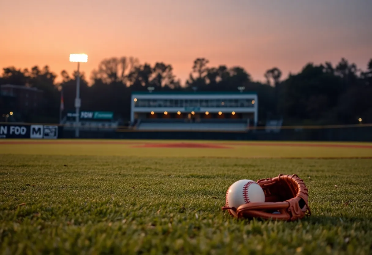 Baseball field at sunset with glove and ball